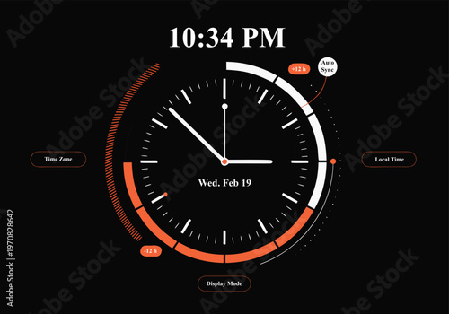 Modern Analog Clock Interface Displaying Time with Clean Circular Design and Minimal Layout. Contemporary Timekeeping Concept for Apps, Dashboards and Digital Interfaces.