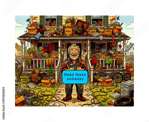 Cartoon illustration messy hoarder house with text will need someday medical healthcare intervention 