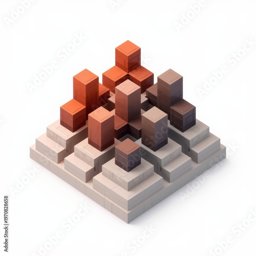A colorful isometric representation of a layered structure with various vertical block elements isolated on white background