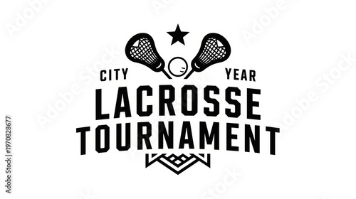 A vintage style black and white emblem for a city lacrosse tournament with a star and sticks. isolated on white background