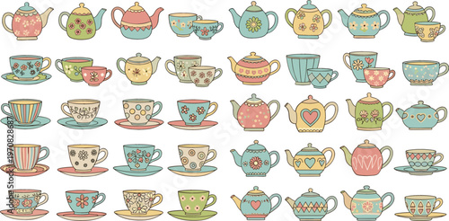 Cute teapots and teacups collection with floral patterns decorative tea set cartoon vector illustration isolated on white background
