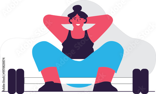 Woman doing sit ups exercise with dumbbells on floor at home