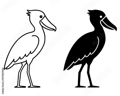 Shoebill vector icon, outline and silhouette, for animal design, isolated on transparent background