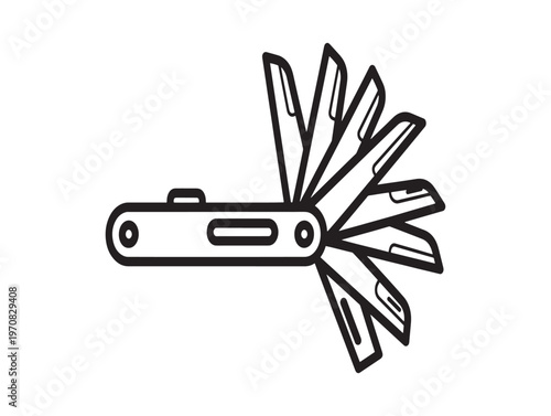 Black and white sketch of a multifunctional swiss army knife with various tools open