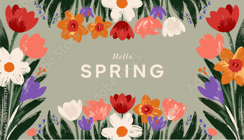 Hello Spring Wide Floral Border Frame Banner with Tulips Daffodils Daisies and Crocus on Sage Green Risograph Texture Background, Warm Sunset Palette Gouache Style Vector Illustration for Seasonal Des
