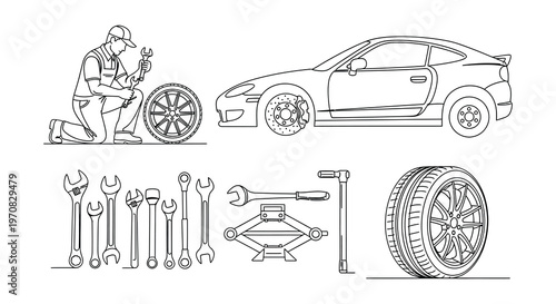 Line art illustration depicting mechanics working on various car repairs