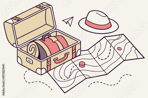 A vector graphic illustration of a suitcase with a map and hat