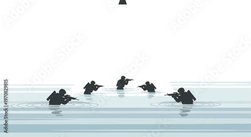 Five pixel art silhouettes of soldiers are partially submerged in calm light blue water, holding rifles, against a white background.