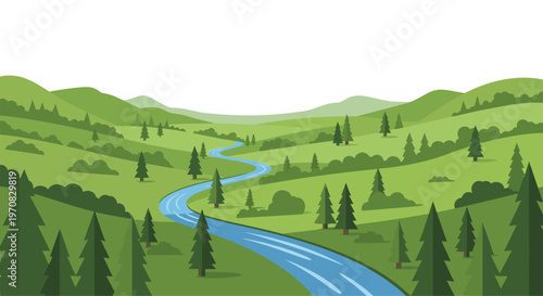 A pixel art landscape depicts a winding blue river flowing through rolling green hills with scattered coniferous trees under a white sky.
