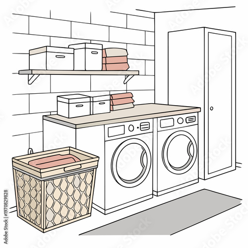A minimalist vector illustration of a laundry room with washing machines and storage