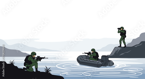 Three pixel art soldiers in green camouflage are positioned around a body of water with distant gray hills under a cloudy sky.