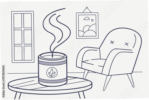 A minimalist line art illustration of a cozy living room with a steaming can on a table
