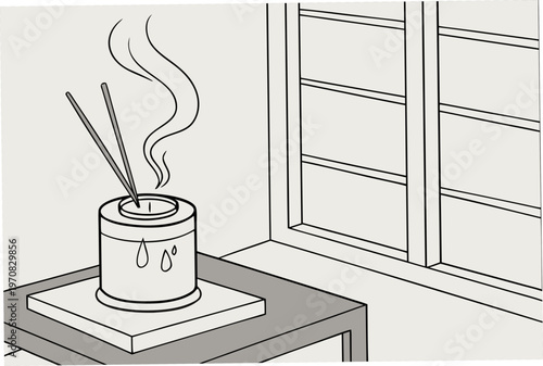 A minimalist line art illustration of an incense burner on a table