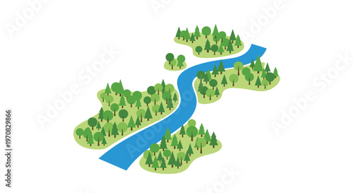 An isometric illustration shows a blue river winding through several green forested islands on a white background.
