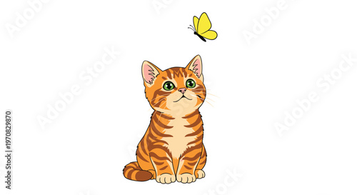 A cute ginger kitten with green eyes looks forward at a yellow butterfly hovering above its head on a white background.