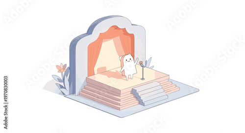 A cute white cartoon bear stands on a pink stage with steps, waving a paw in front of orange curtains and a microphone.