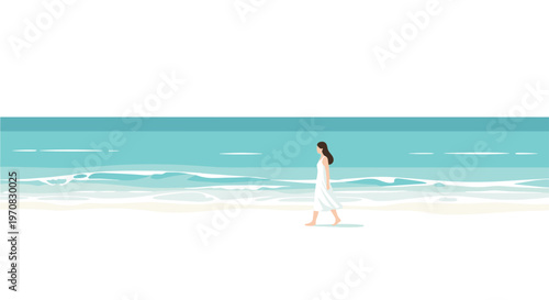 A solitary woman in a white dress walks along a pristine sandy beach beside a tranquil turquoise ocean.