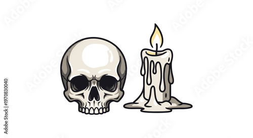 A cartoon skull and a melting candle with a flickering flame are depicted side-by-side on a plain white background.