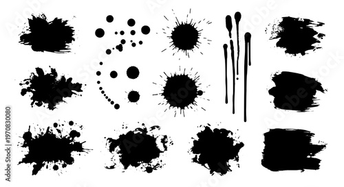 Inkblots set with black paint splatters and brush strokes on white background for creative design featuring grunge effects, artistic elements, messy