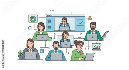A group of diverse cartoon professionals work on laptops and participate in a video call, interconnected by abstract lines on a white background.