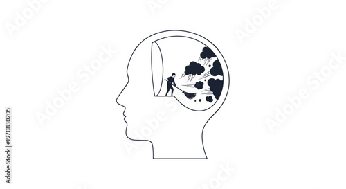 A simple outline of a man's head, facing right, contains a tiny figure sweeping dark clouds with a broom towards an opening.