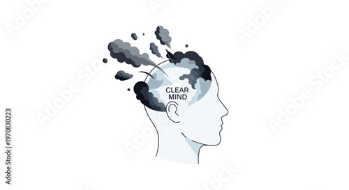 A light grey outline of a man's head, facing right, shows dark smoke-like clouds exiting the top and back, with CLEAR MIND visible inside.
