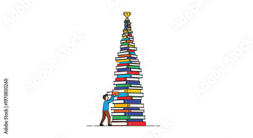 A stylized person in a blue shirt is carefully stacking colorful books high, with a golden trophy perched on the very top against a white background.