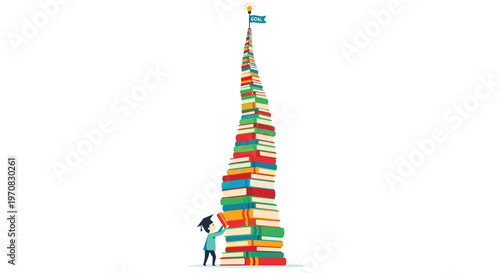 A small person stacks colorful books to reach a GOAL flag atop a towering pile.
