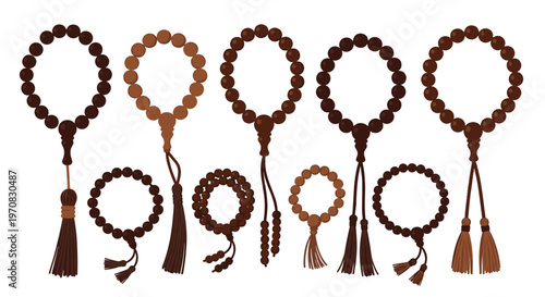 Nine brown prayer bead strings with varying bead sizes and tassels are neatly displayed on a clean white surface.