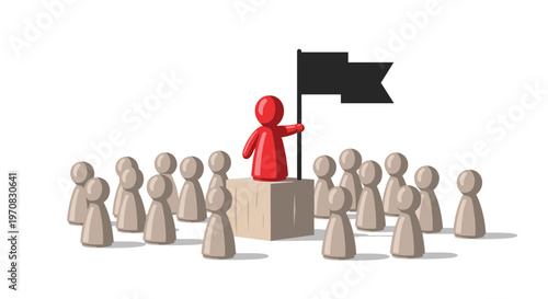 A red peg figure stands on a wooden block holding a black flag, surrounded by beige peg figures.