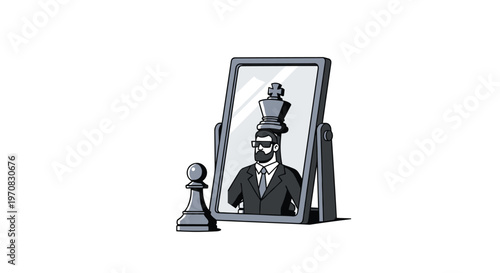 A grey chess pawn stands before a rectangular mirror reflecting a man with a king's crown on a white background.