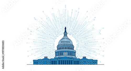 The United States Capitol Building is depicted in blue with radiating digital data particles on a white background.