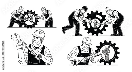 Illustrations of workers operating machinery and using various hand tools