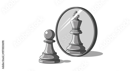 A grey chess pawn stands before a round mirror reflecting a grey chess king on a white background.