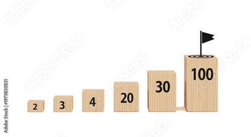Five numbered wooden blocks of increasing height are arranged with a black flag on the tallest block on a white surface.