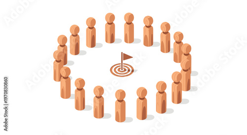 Twenty wooden peg figures are arranged in a circle around a central brown target with a flag on a white background.