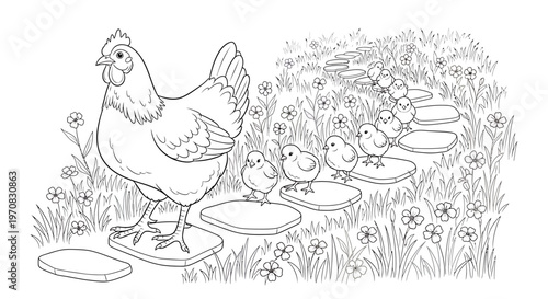 A mother hen and her chicks exploring outdoors.