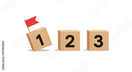 Three numbered wooden blocks are arranged horizontally with a red flag on the first tilted block on a white background.