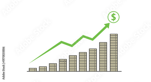 Eight ascending stacks of silver coins are depicted with a rising green dollar arrow on a clean white background.