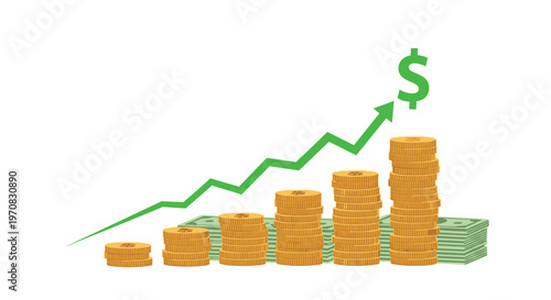 Six ascending stacks of golden coins and green banknotes are shown with a rising green dollar arrow on a white background.