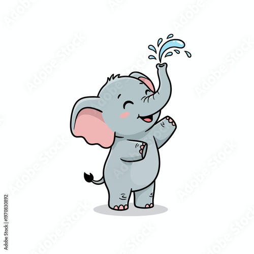 Adorable baby elephant happily spraying water from its trunk, a delightful cartoon illustration