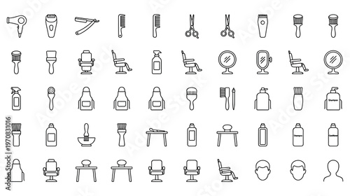 Barber shop hair salon equipment and professional tools outline icon.