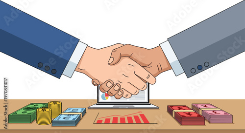 Two hands in business suits shake above a wooden table laden with stacks of currency, coins, a laptop, and a red bar graph.