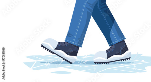 A person wearing blue jeans and black and white winter boots walks carefully on a cracked, icy surface against a white background.