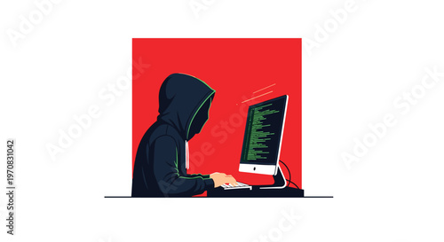A hooded figure with a green mask types on a keyboard in front of a monitor displaying green code against a red background.