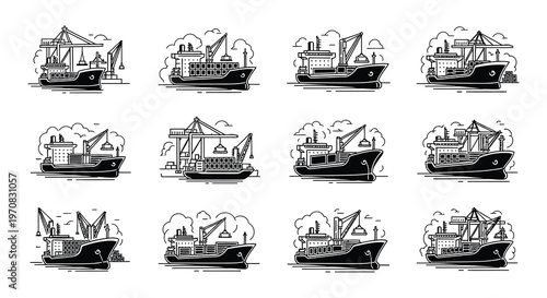 Collection of monochrome shipping vessel and cargo ship line art icons