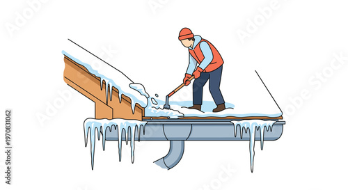 A person in winter attire is shoveling snow from a house gutter with icicles hanging from the roof.