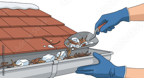 Hands in blue gloves are using a trowel to clean leaves and ice from a house gutter with a tiled roof.
