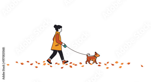 A person wearing an orange jacket is walking a small brown dog on a leash across a path with scattered autumn leaves.