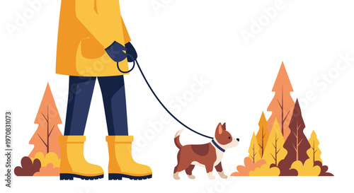 A person in a yellow raincoat and boots is walking a small dog on a leash with stylized autumn trees in the background.